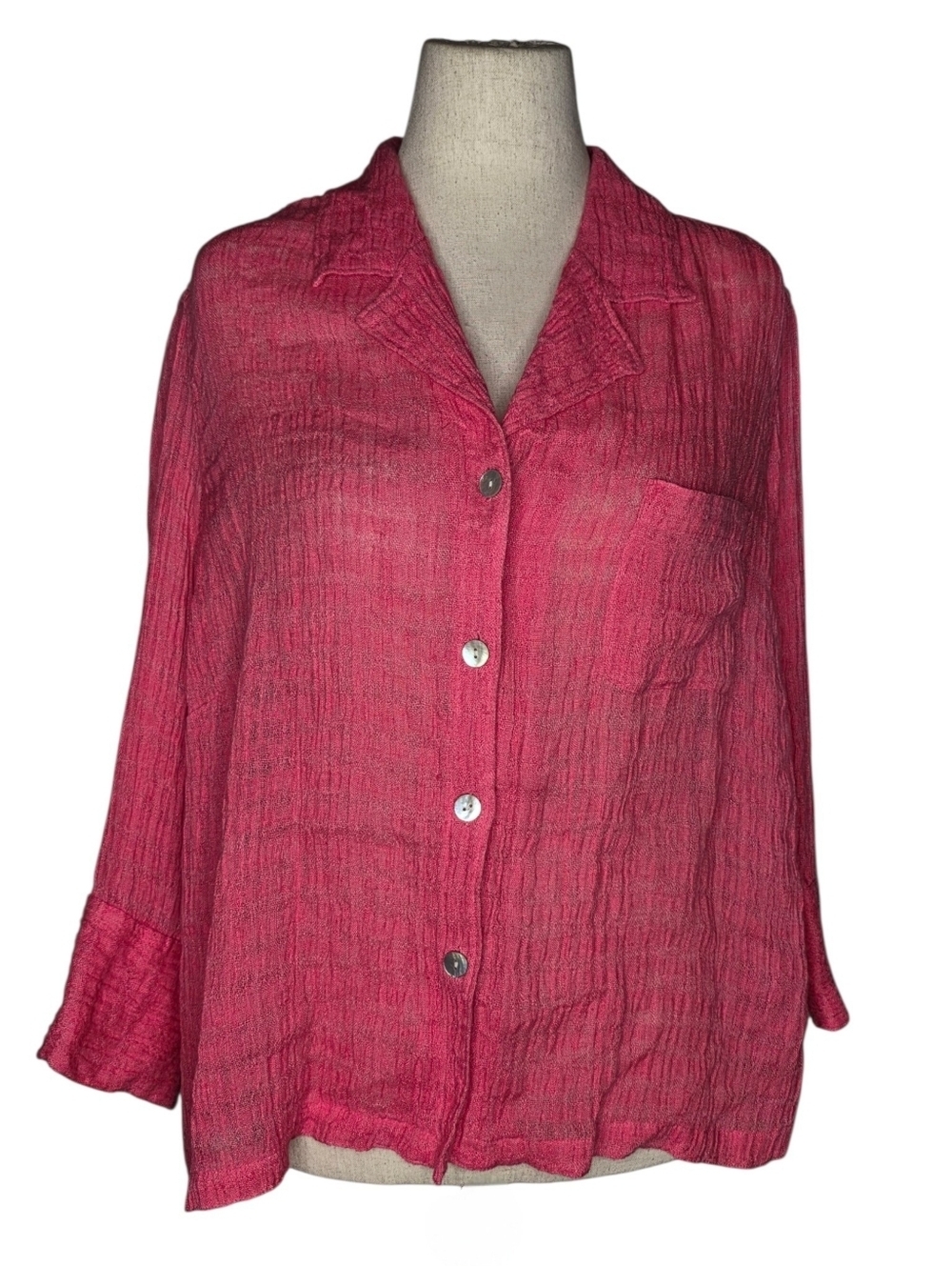 French Laundry 2X Pink Linen Button Front Crinkle Blouse Shirt